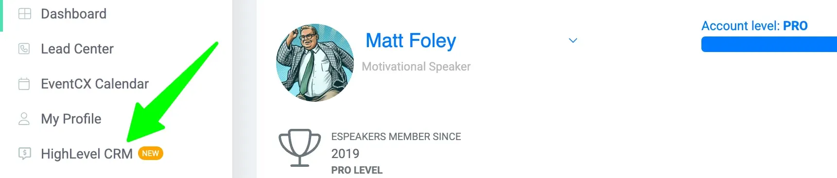 eSpeakers dashboard sidebar menu.