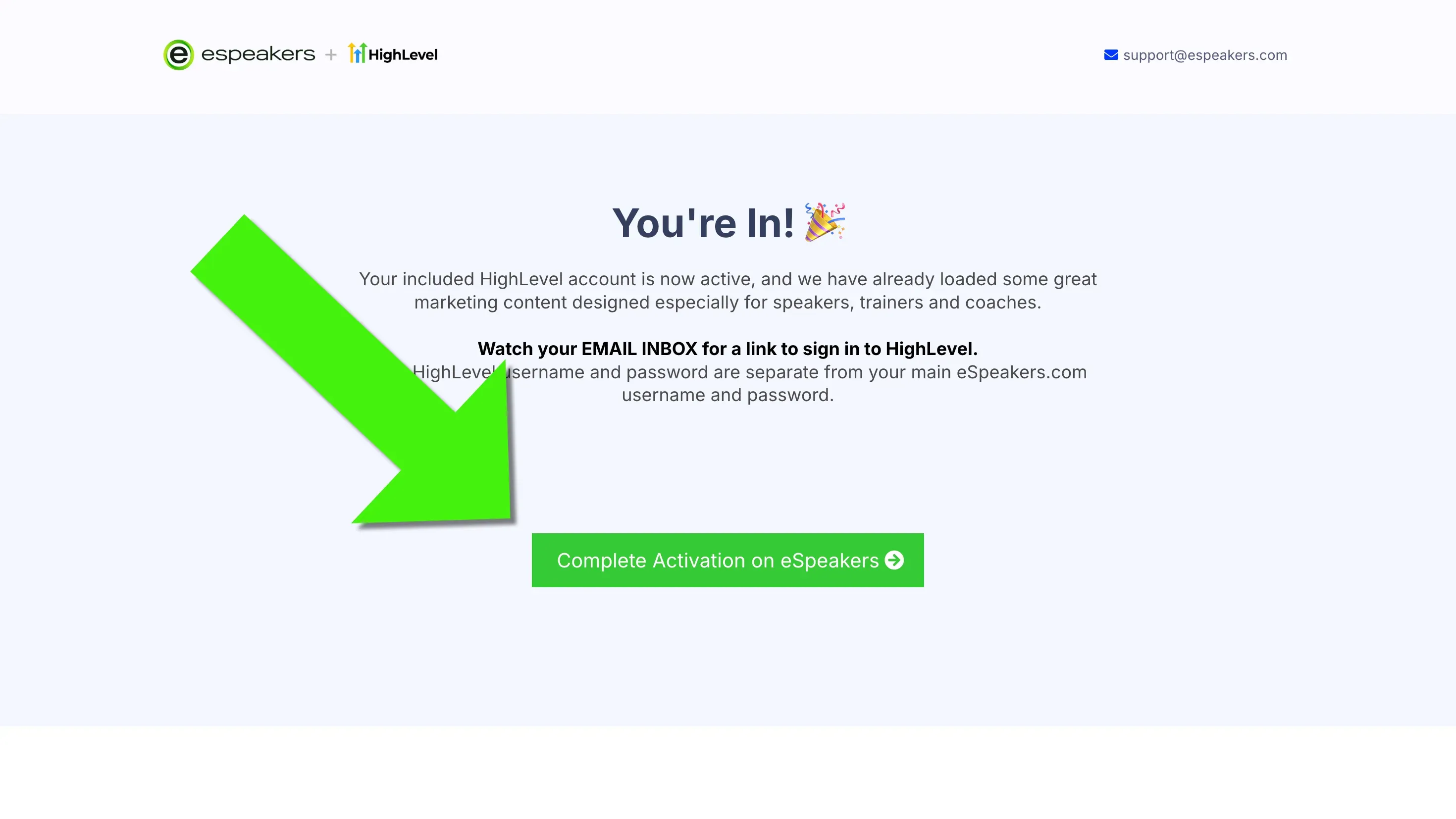 Click COMPLETE ACTIVATION to return to the eSpeakers dashboard.