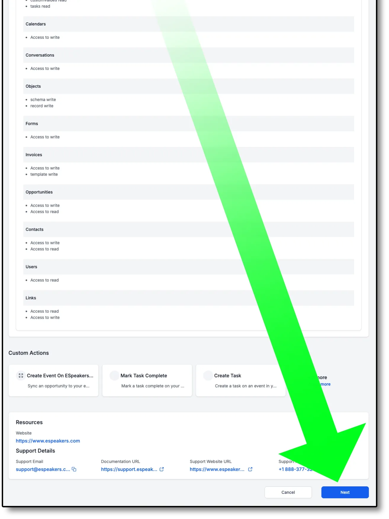 Click NEXT to give eSpeakers permission to connect to your HighLevel account.