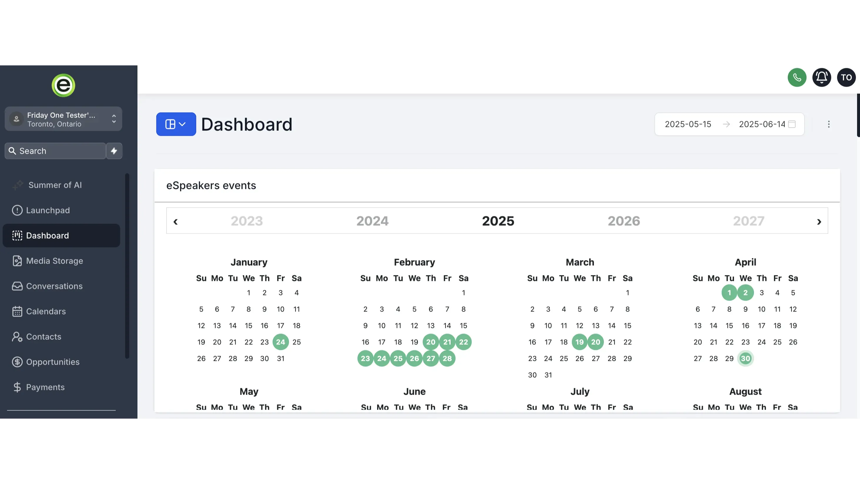 eSpeakers calendar on the HighLevel dashboard.
